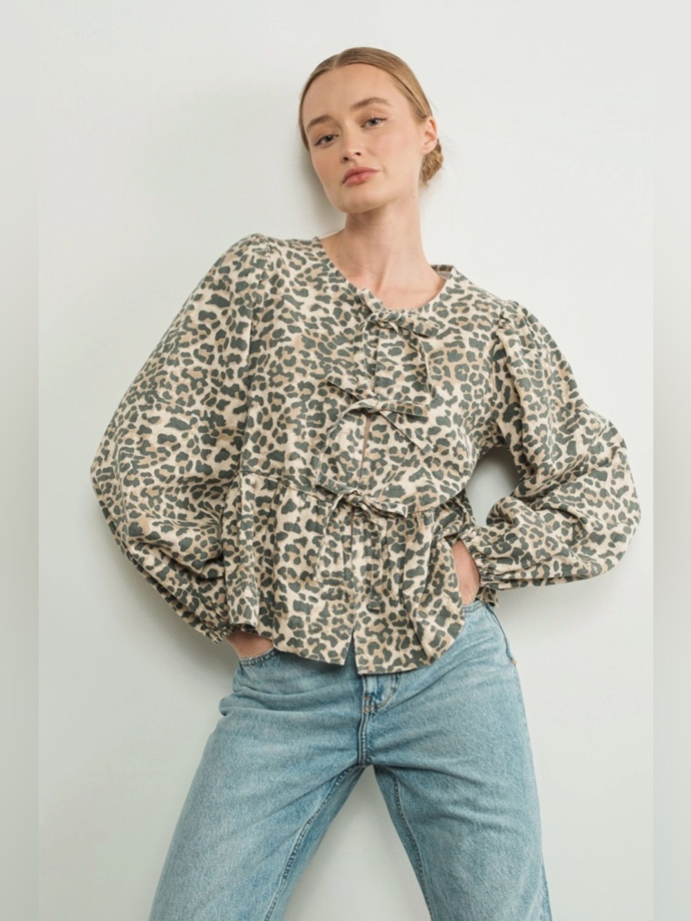 Aaron & Amber Amara Bow Denim Blouse in Leopard, Size S